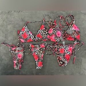 Temu Leopard Print Pink Floral Back-tie Knot Bikini Set Bundle XS, S, M